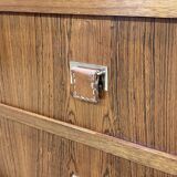 Vitrine des années 60 en palissandre, acajou et poignées cuir