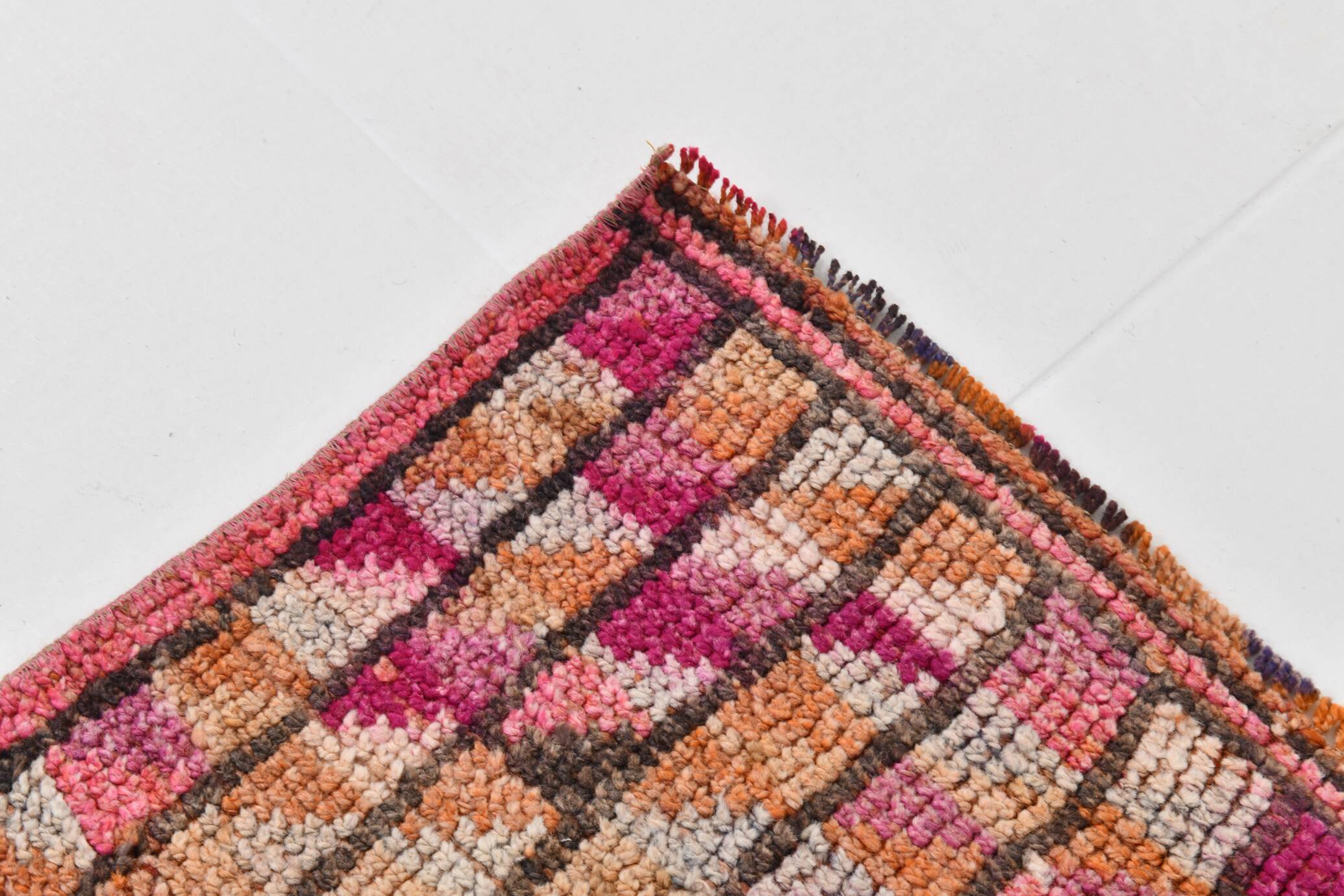 Fuchisa & Burgundy Turkish Runner Rug, One of a Kind Hallway Runner