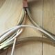 Set of 3-branched chandelier wood/brass/glass, 50-60s