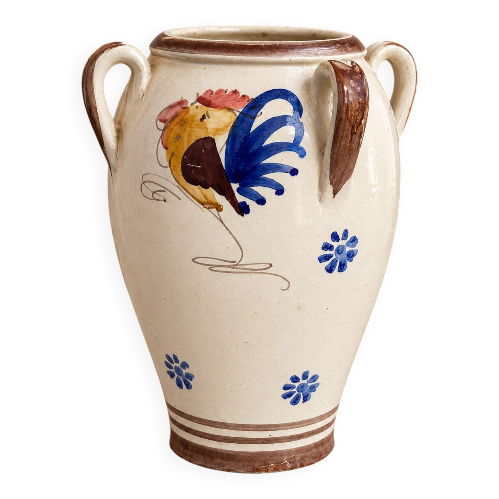Ceramic vase with four handles from Grottaglie, decorated with a rooster, Apulia.