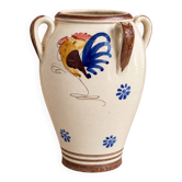 Vase à 4 anses en céramique de Grottaglie, décor au coq, Pouilles