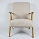 Fauteuil vernis original, années 1960, restauré, modèle B310, tissu beige, vernis en teck