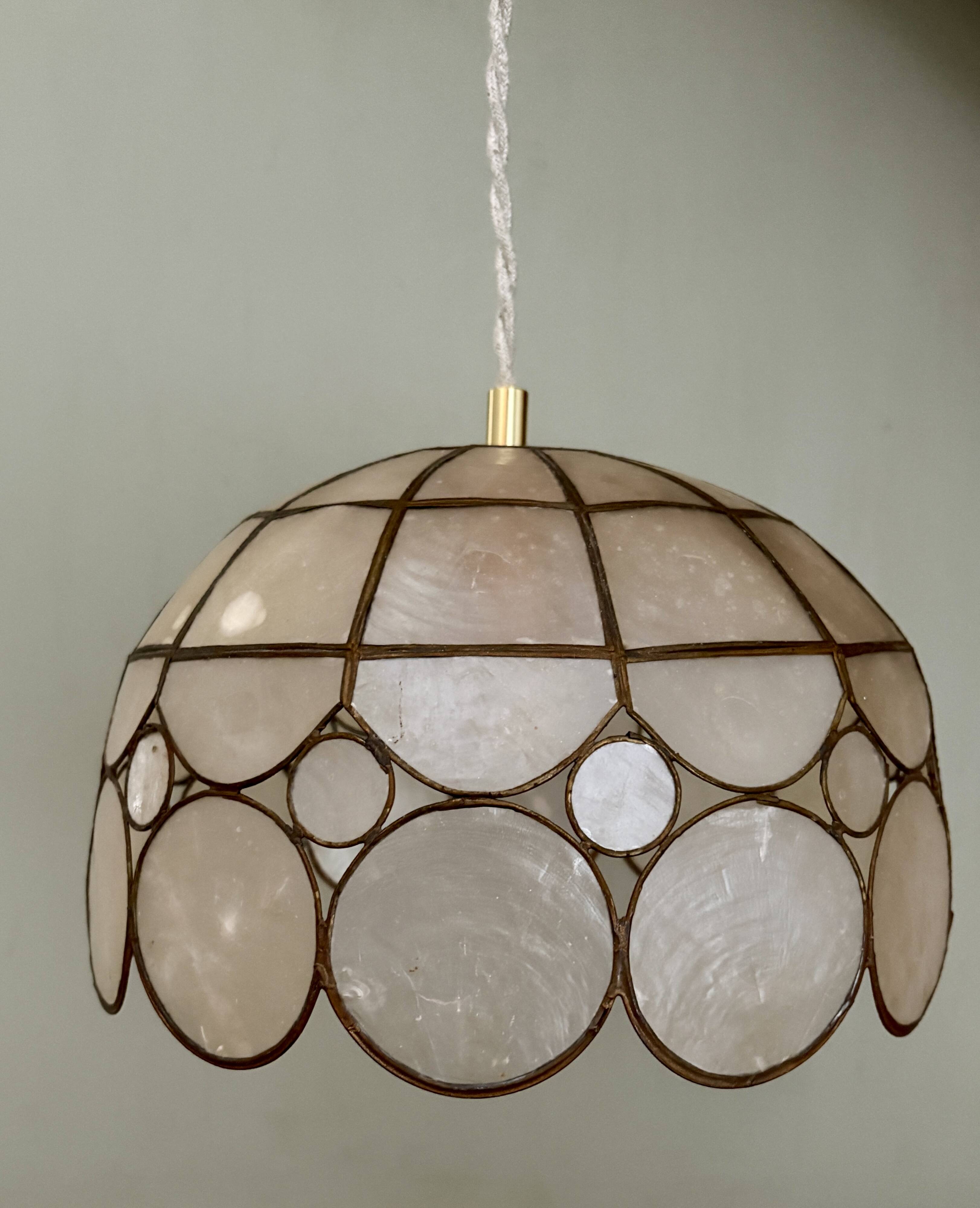 Vintage mother-of-pearl and brass lampshade pendant light