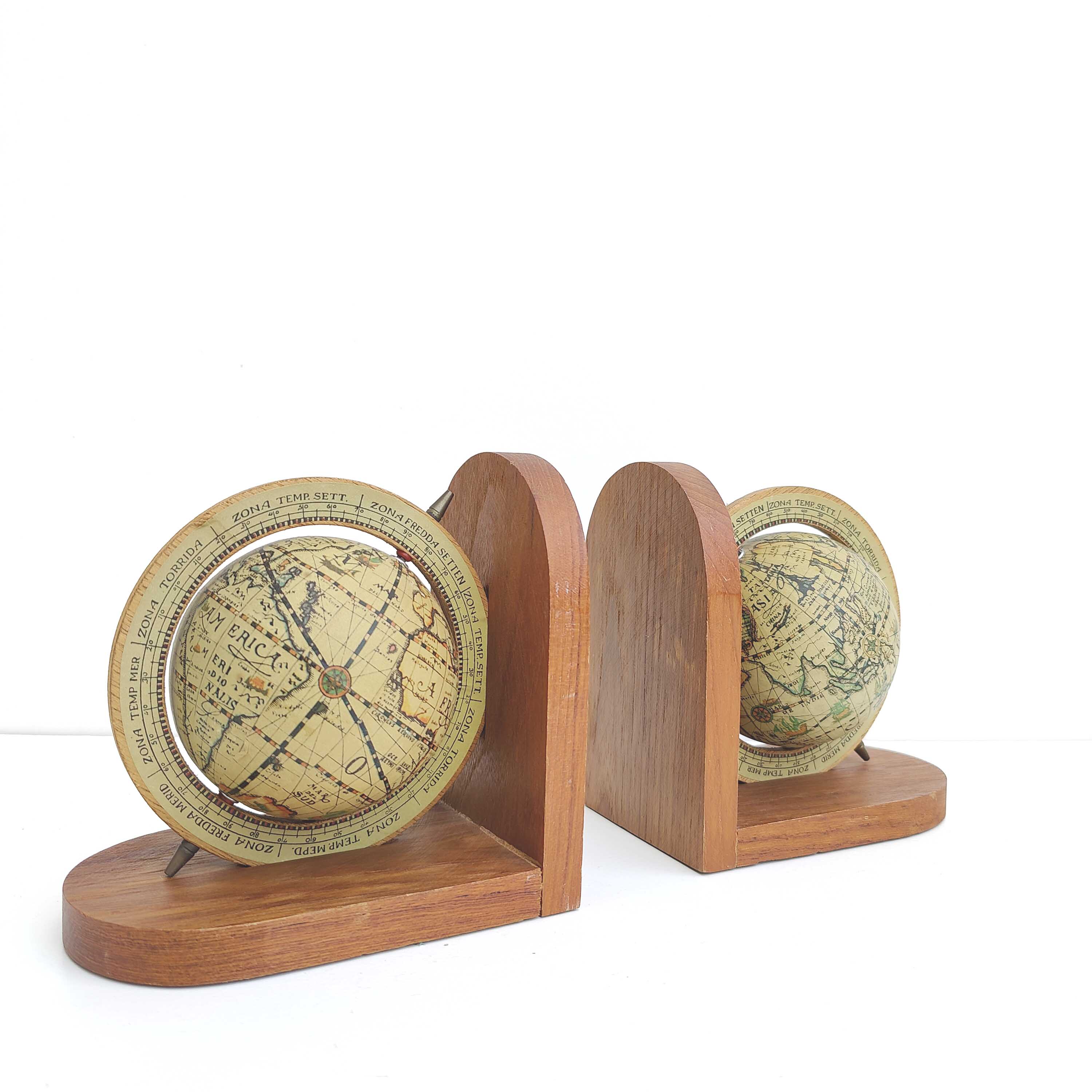 Pair of bookends globe world map wood paper