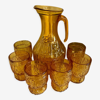 Water or orangeade service in vintage amber glass 6 glasses and their decanter