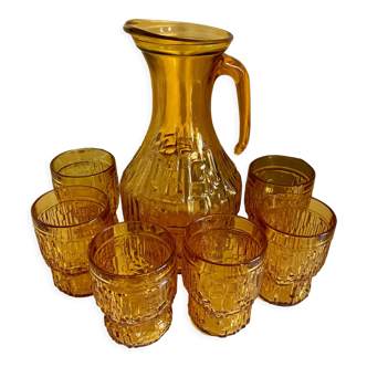 Water or orangeade service in vintage amber glass 6 glasses and their decanter