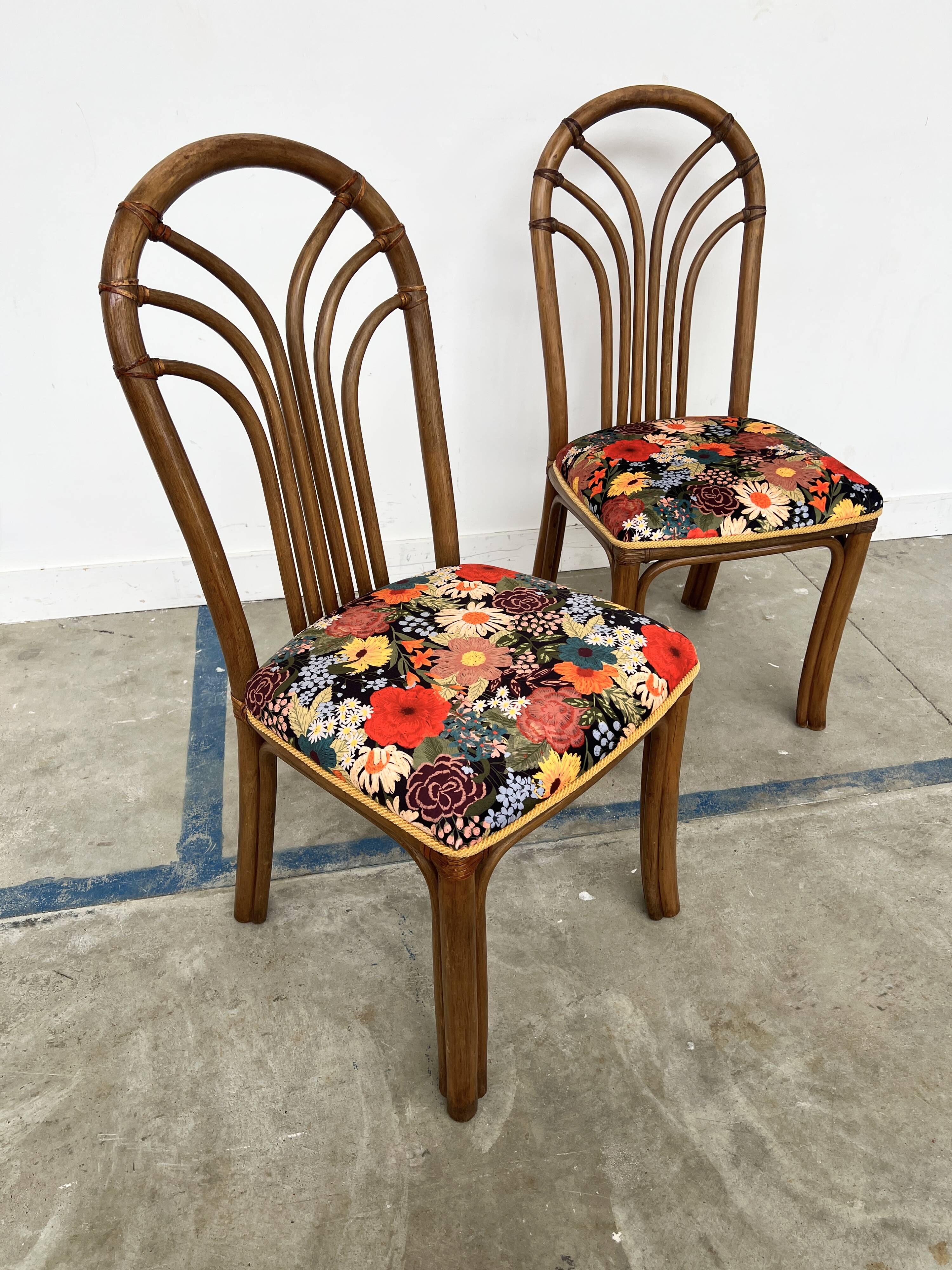 Set of 4 Rausch Rattan Curved Rattan Chairs - Floral Velvet Seats