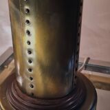 1970 wood and metal lamp in patinated riveted style with superb heavy lampshade in real wood sheet
