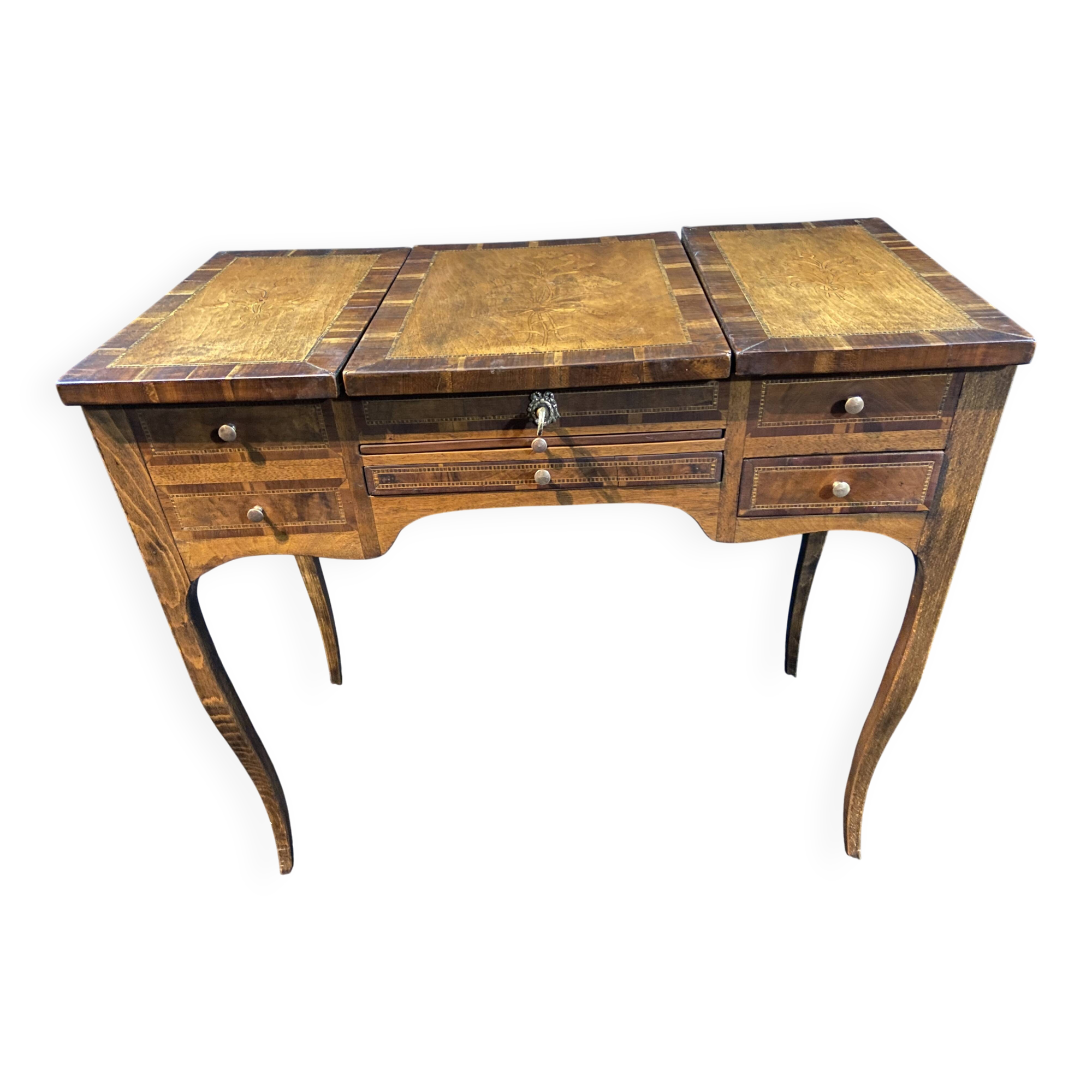 19th-century hairdresser with marquetry decoration on oak in the Louis XV Transition style.