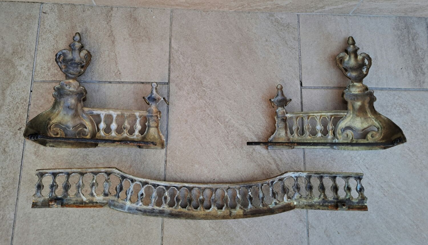 Louis XVI style bronze andirons and fireplace bar