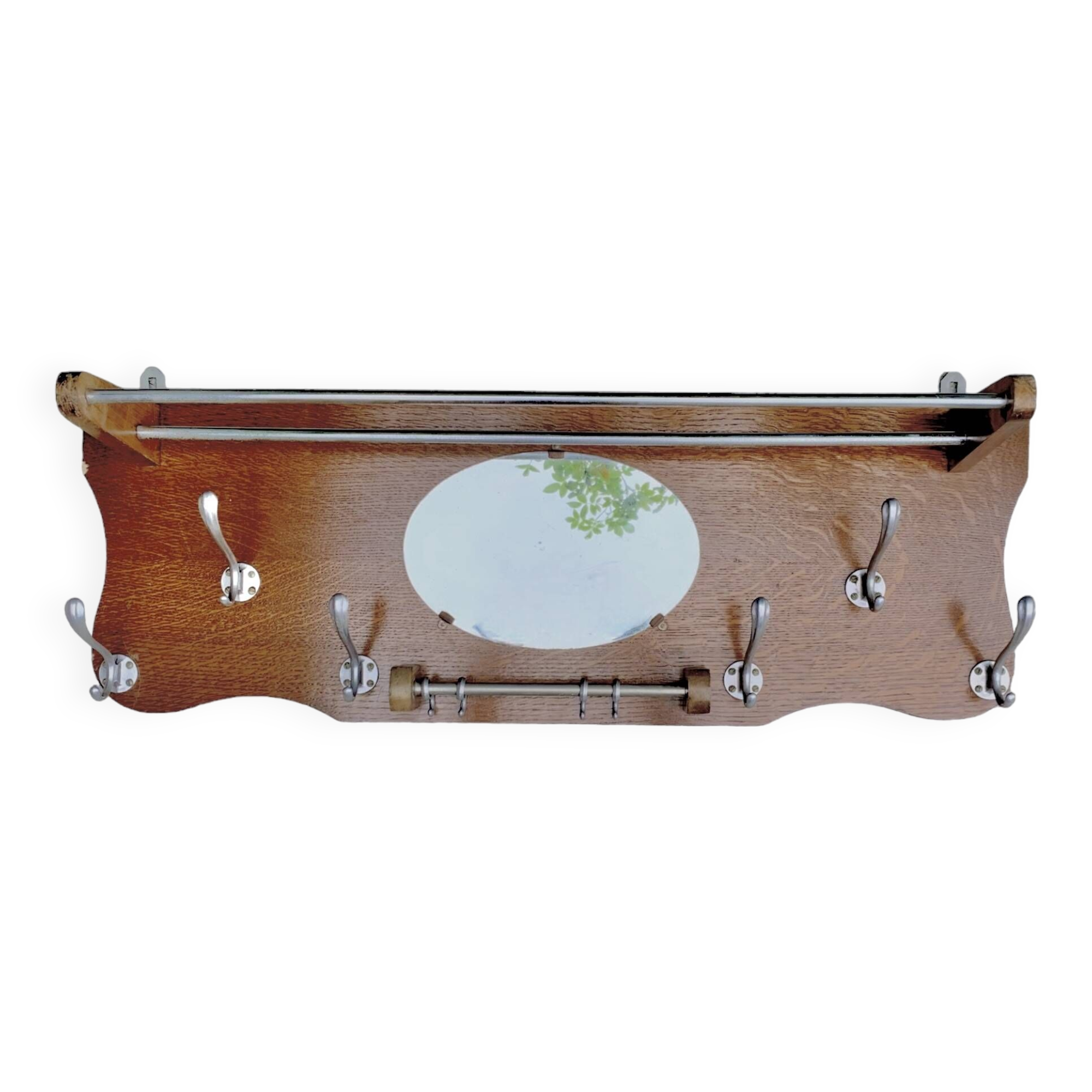 Large Art Deco wooden wall coat rack with mirror and hat rack