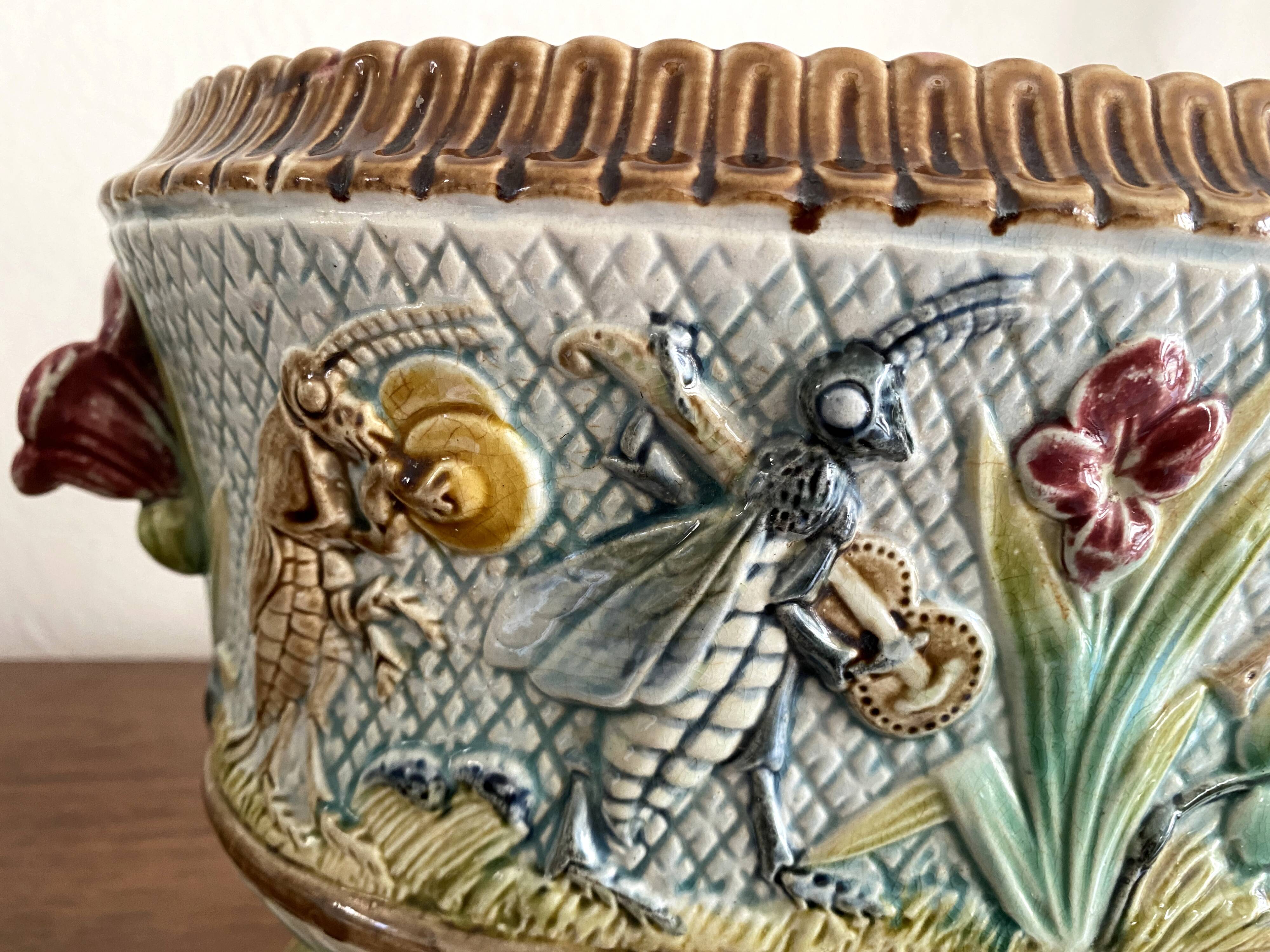 Important planter cache pot barbotine decor insects musicians late 19th century