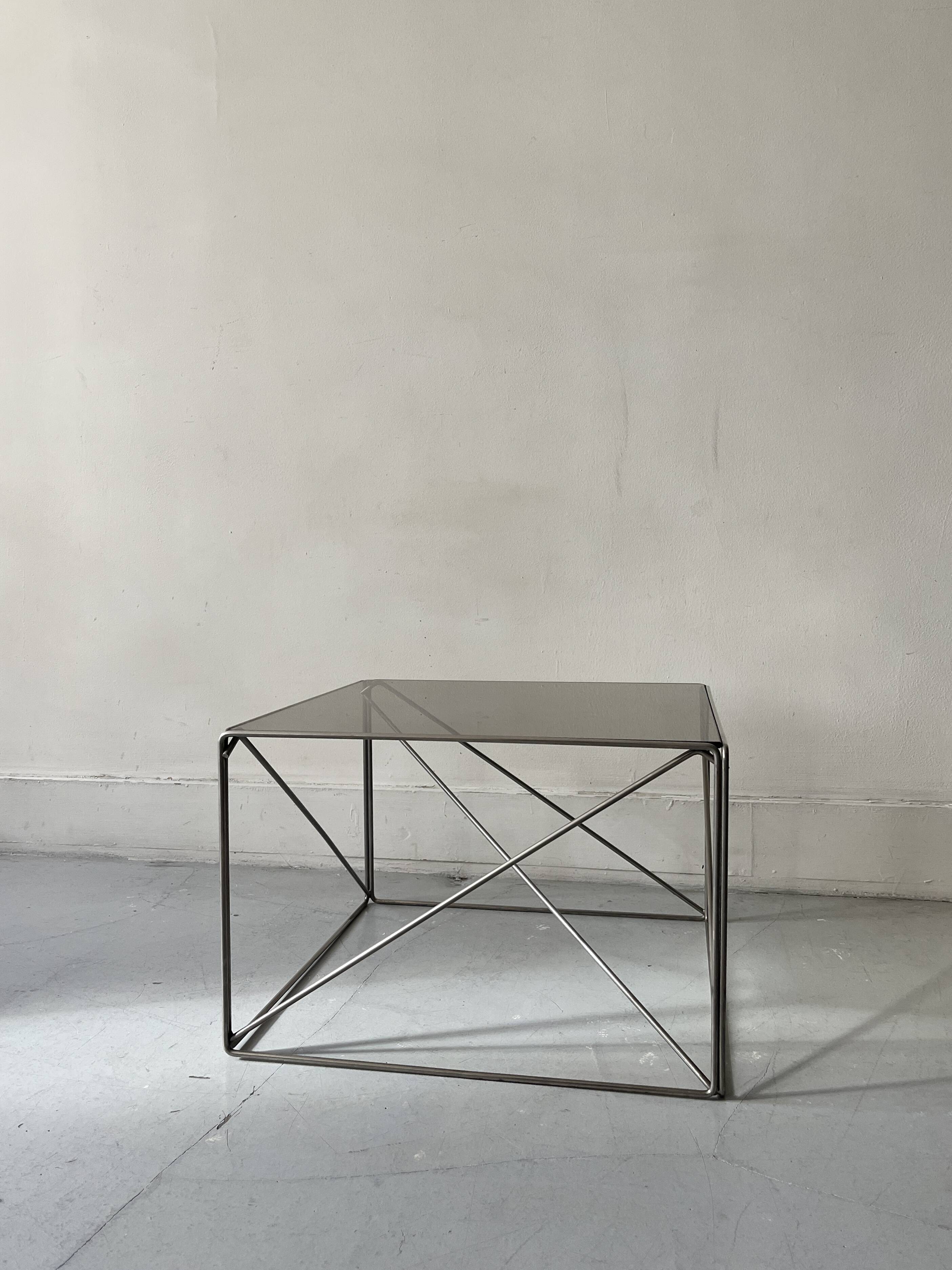 Smoked glass and chrome designer coffee table by Max Sauze, Isocèle collection, 1970