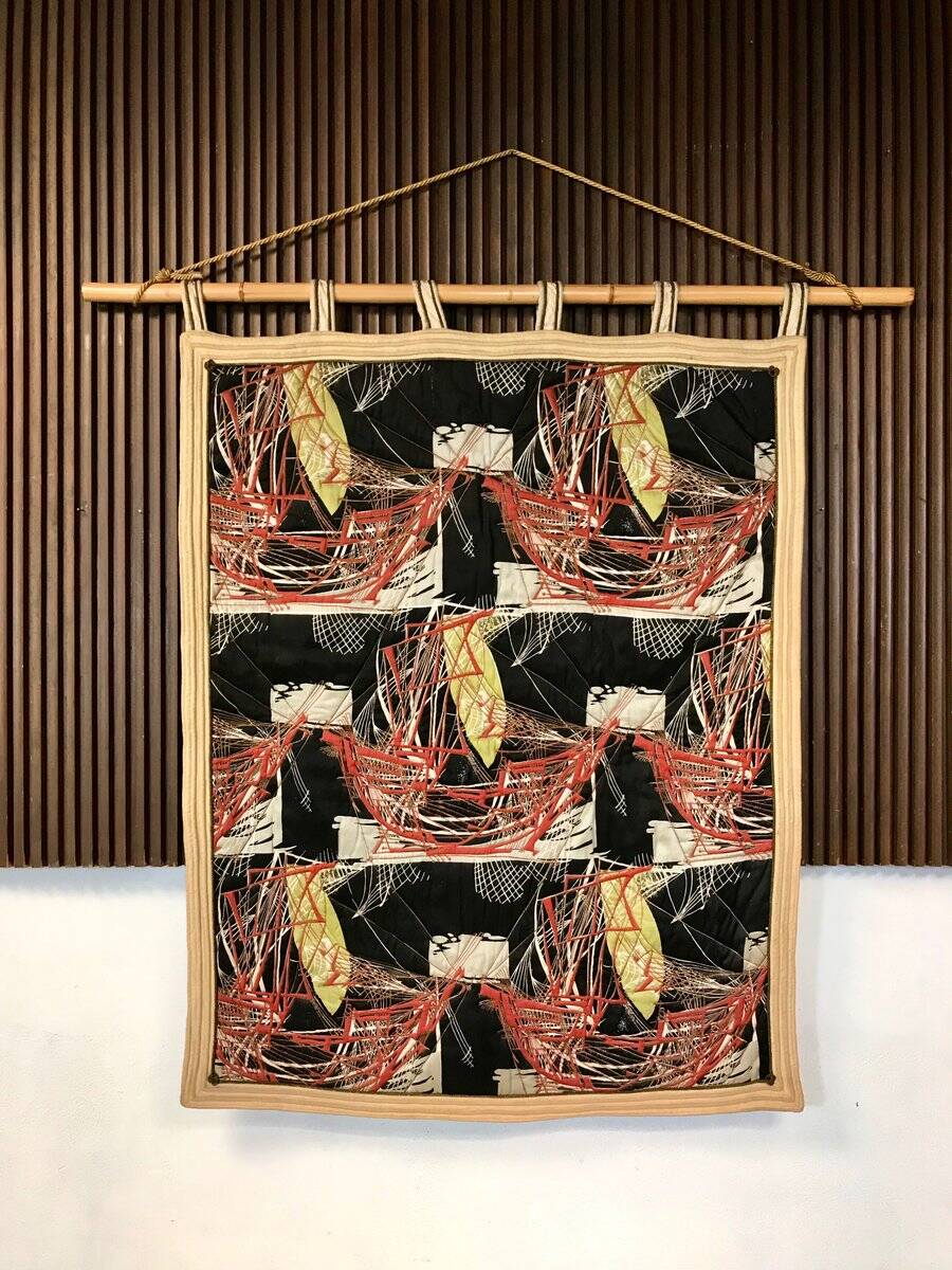 Tapestry wall hanging with sailing boats motif on bamboo rod, Italy 1940s
