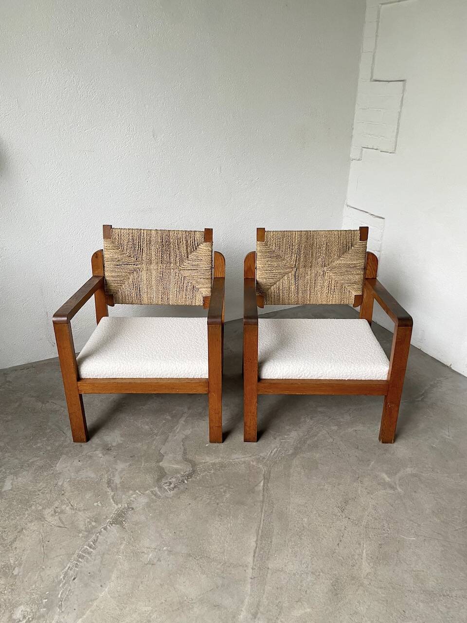 Pair of oak and straw armchairs, reconstruction style