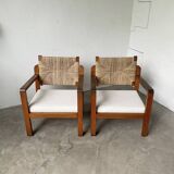 Pair of oak and straw armchairs, reconstruction style