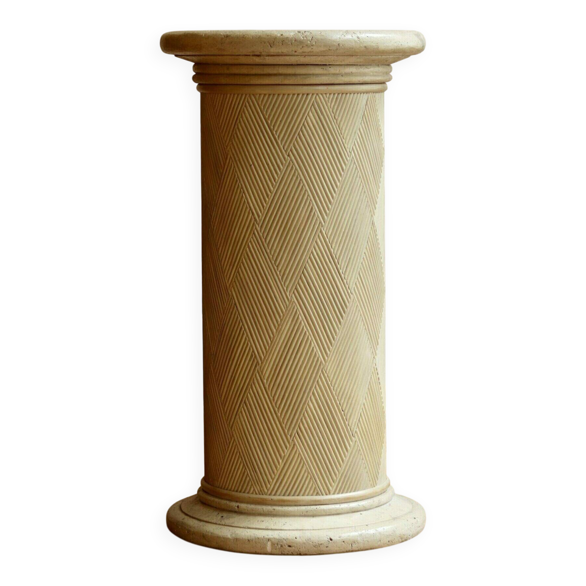 Vintage column/pedestal from the 70s-80s in travertine and wood.