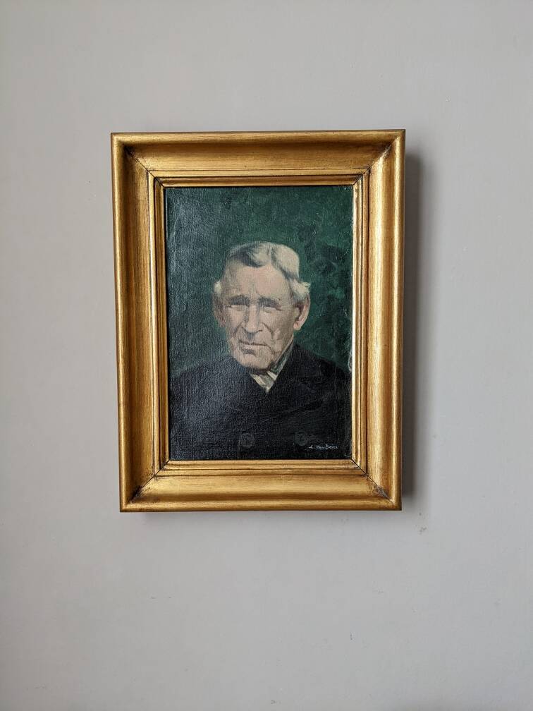 Old oil on canvas portrait of a man from the 20th century, countryside decoration, golden frame