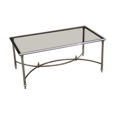 Table basse en métal chromé, plateau en verre fumé de style néo-classique, années 70