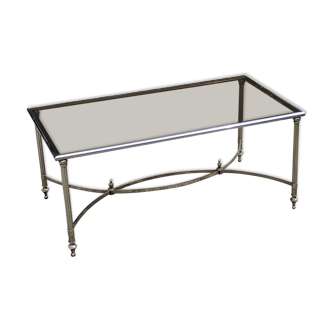 Table basse en métal chromé, plateau en verre fumé de style néo-classique, années 70