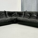 French Togo living room set in black leather by Michel Ducaroy for Ligne Roset, set of 3