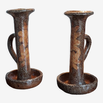 Pair of large stoneware candle holders