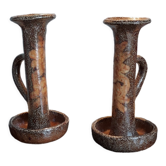 Pair of large stoneware candle holders