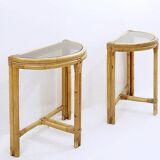 Pair of mid-century italian half-moon bamboo and smoked glass console tables