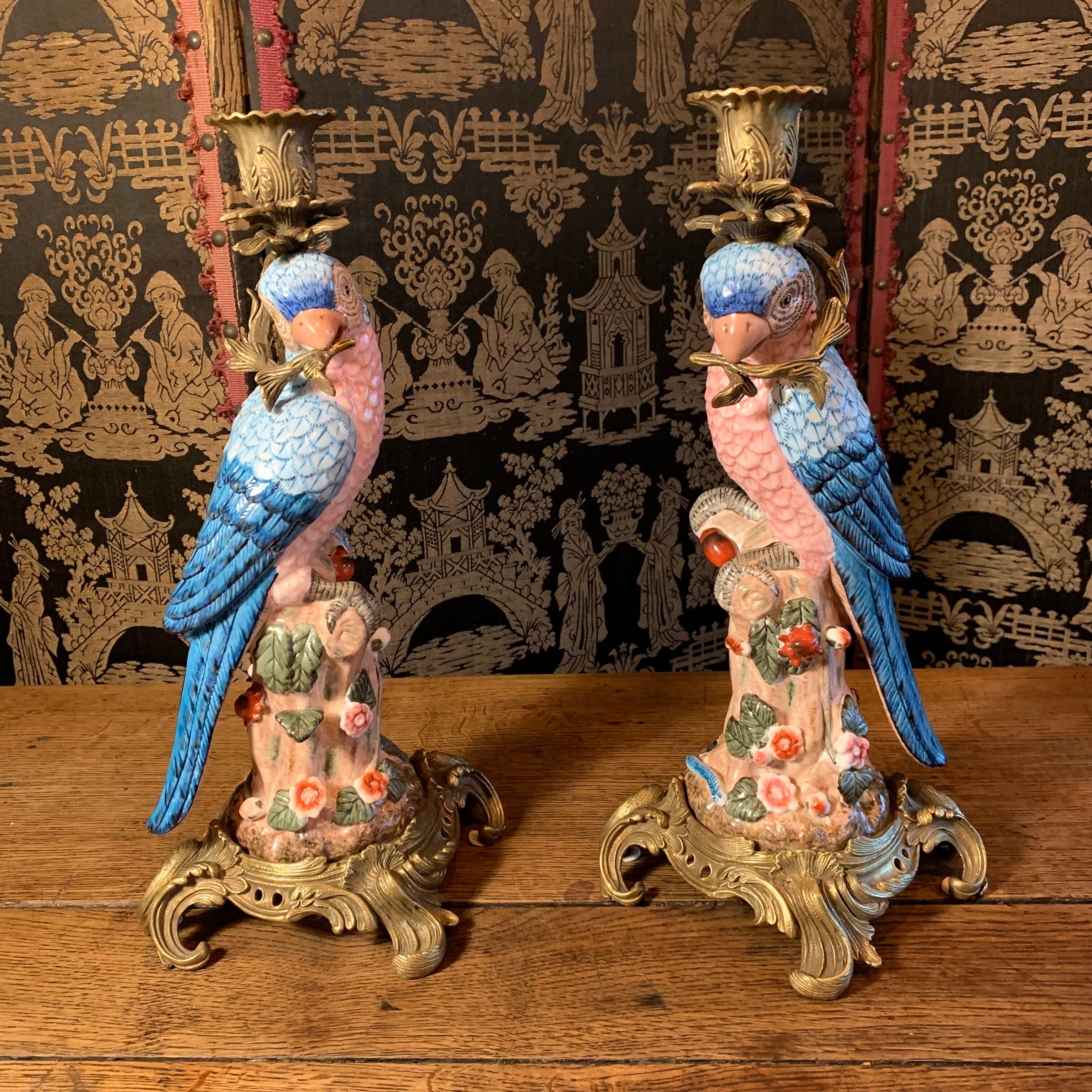 Pair of candle holders "Parrots"
