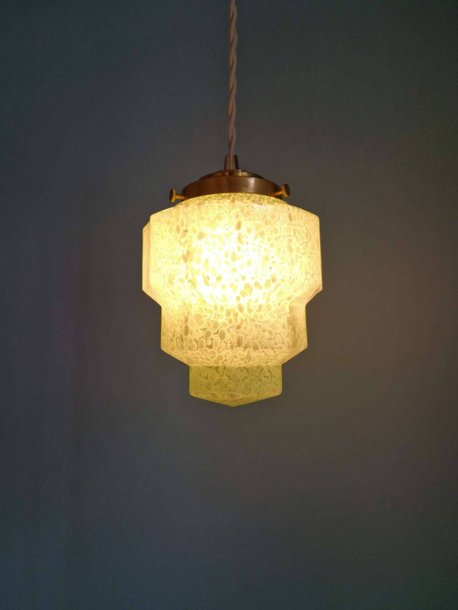 Art Deco skyscraper pendant light in speckled glass, 1920s-30s