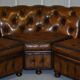 Vintage Chesterfield corner sofa in hand-dyed leather with solid walnut feet.