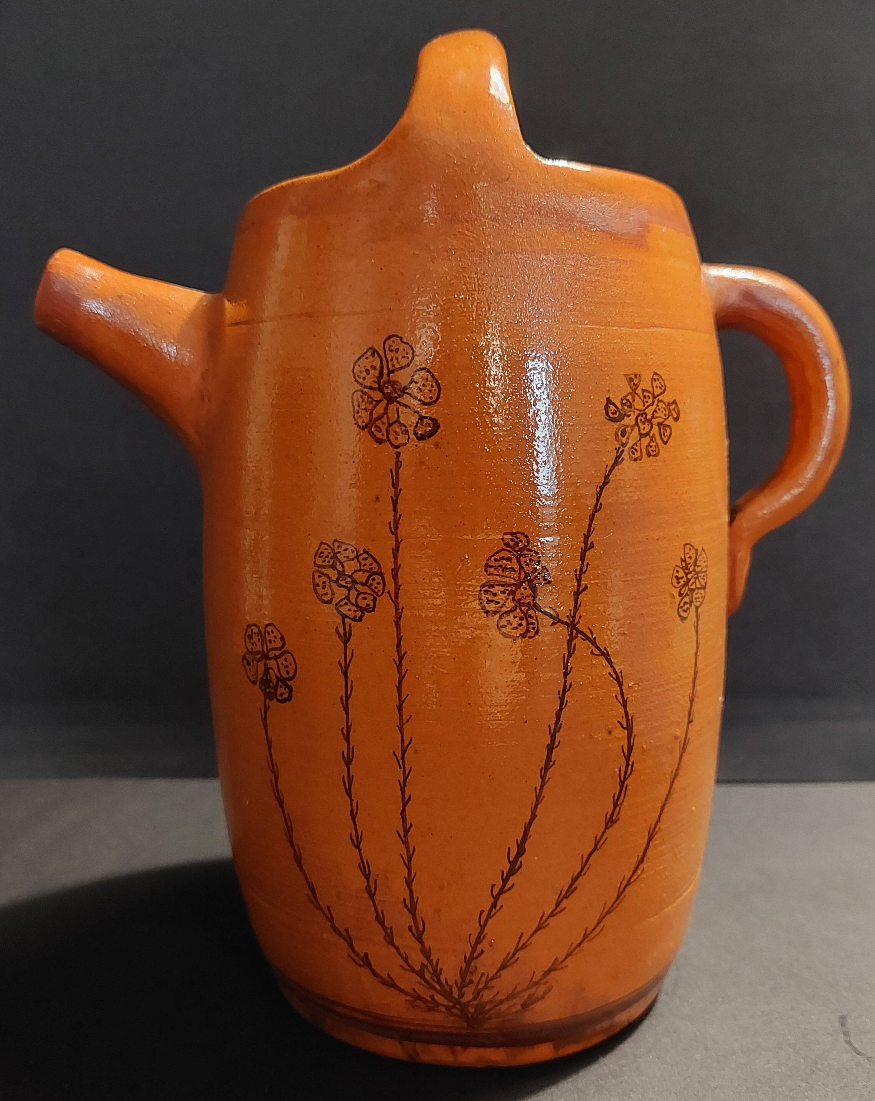 20th century ceramic chevrette enameled terracotta jug signed CM