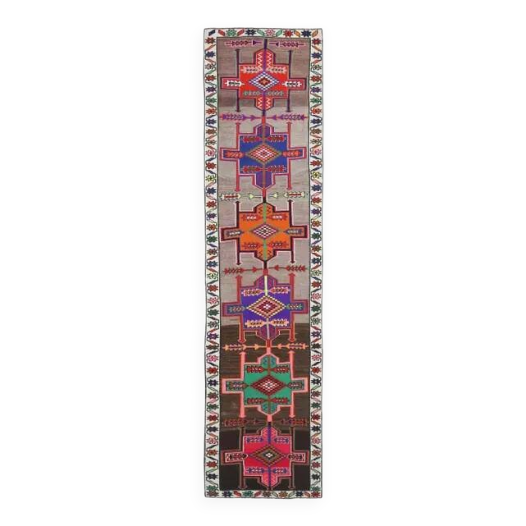 Vintage Turkish Hand-Knotted Wool Cotton Brown Runner 81x347