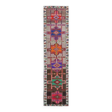 Vintage Turkish Hand-Knotted Wool Cotton Brown Runner 81x347
