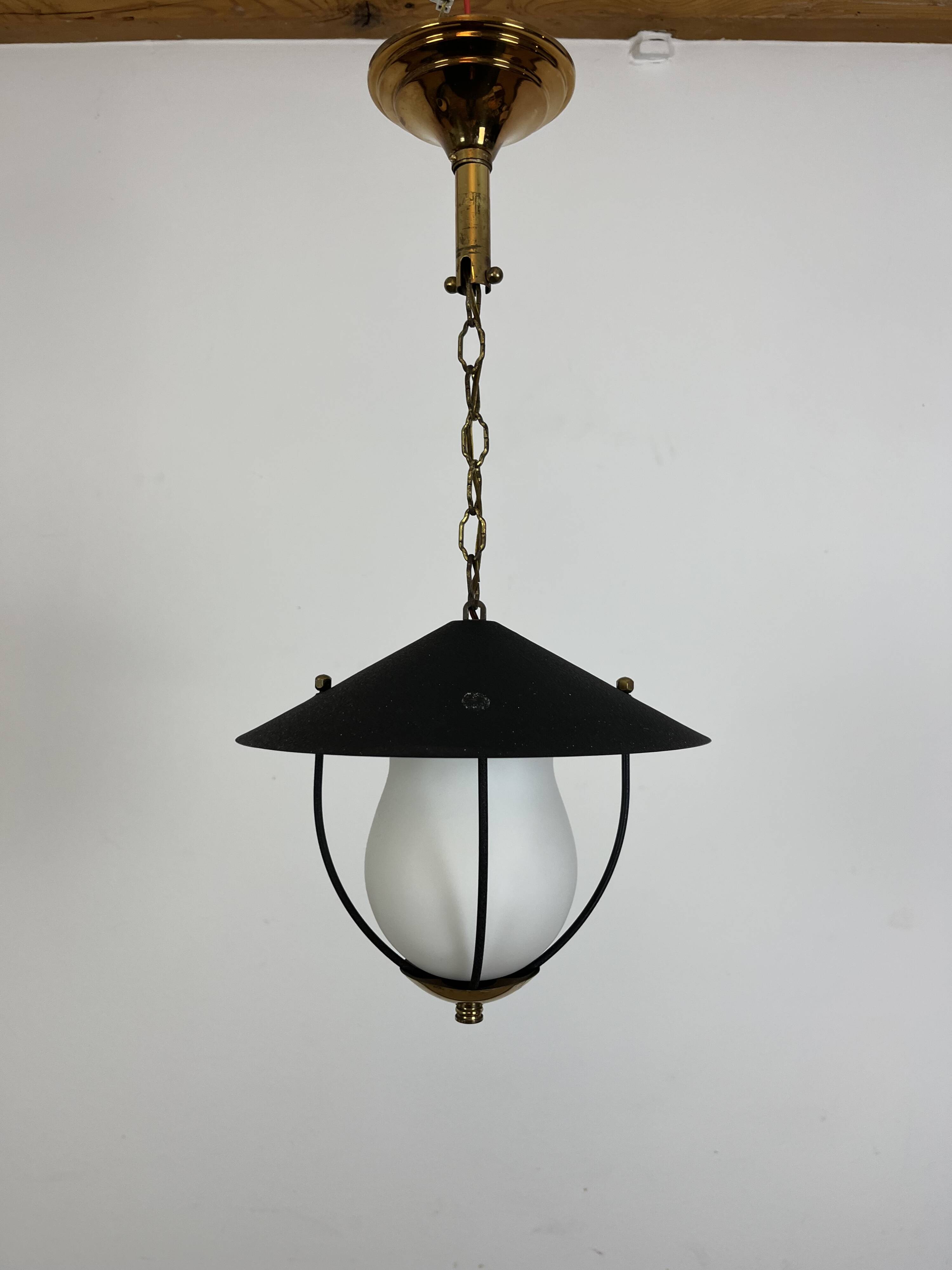 50s lantern pendant light, opaline and metal