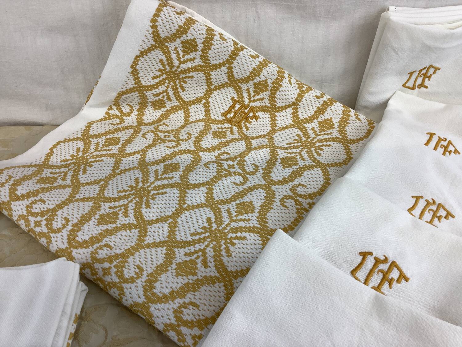 Vintage tablecloth and monogram napkins
