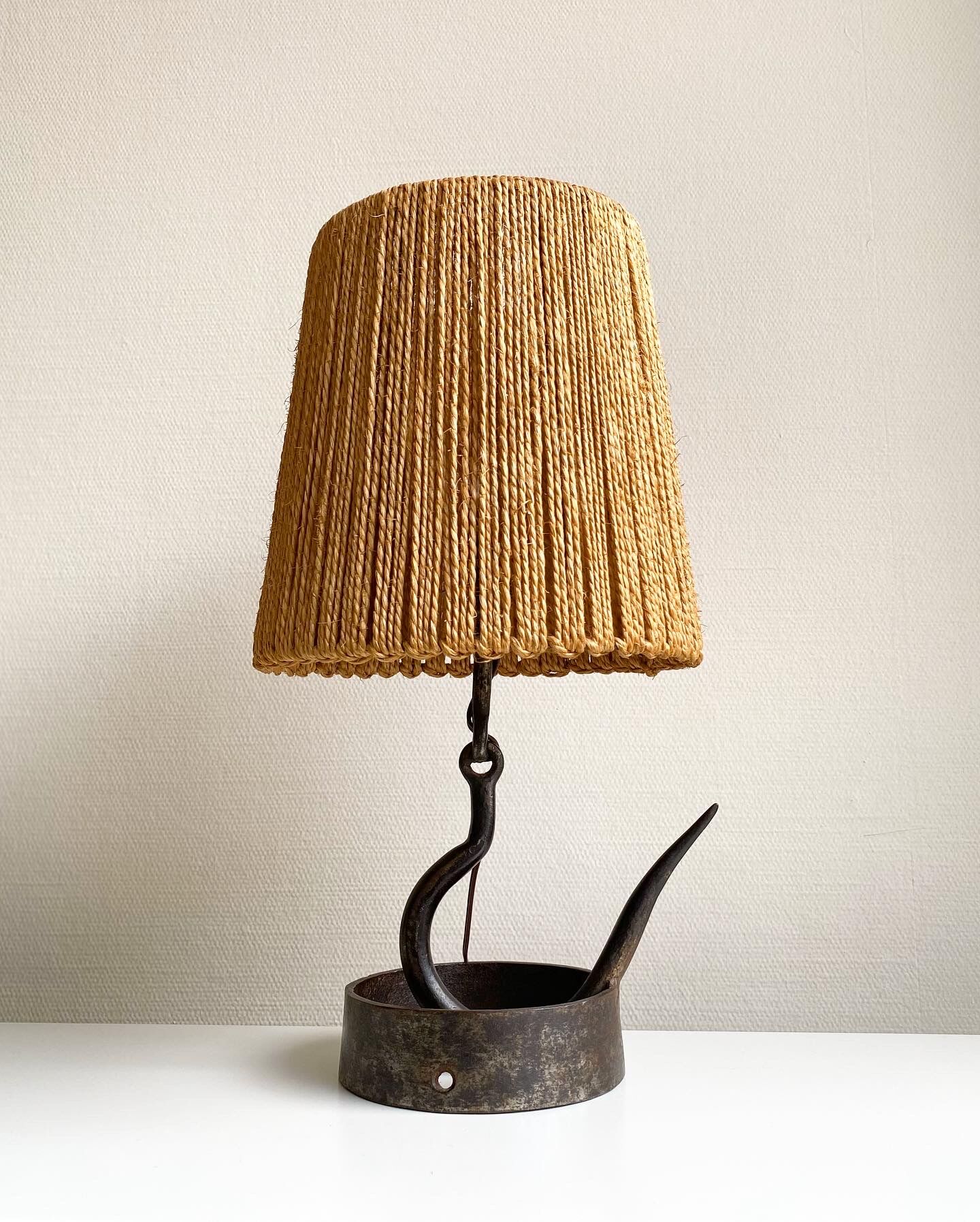 Wrought iron lamp with natural rope lampshade, vintage