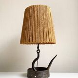 Wrought iron lamp with natural rope lampshade, vintage