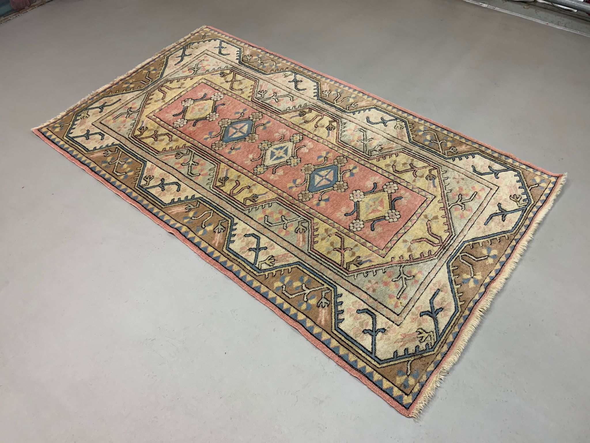 Old Turkish Milas Rug 212x122 cm old vintage carpet Ushak Region Pink Beige Blue