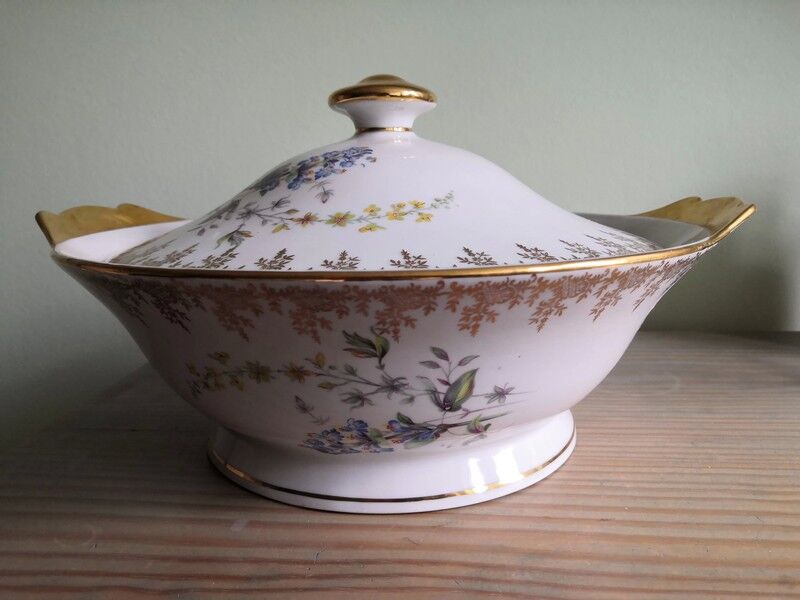 Limoges porcelain soup tureen Mehun sur Yevre Cher flower and gold decoration