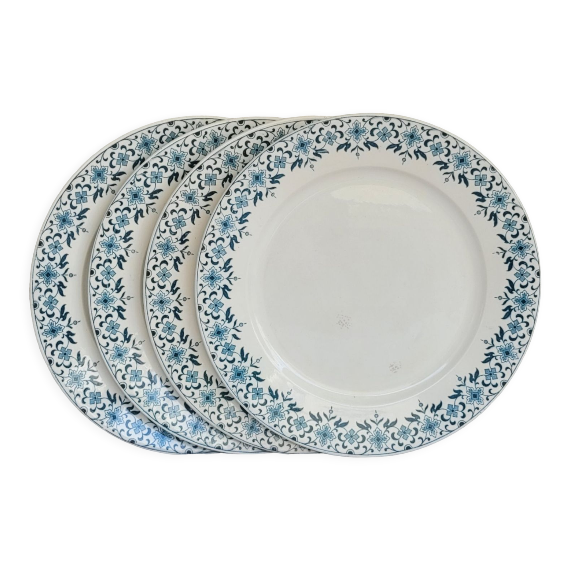 Set of 4 flat plates model Lucie u&c Sarreguemines Digoin white and blue floral border