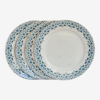 Lot de 4 assiettes plates modèle Lucie u&c Sarreguemines Digoin blanc et liseret fleuri bleu