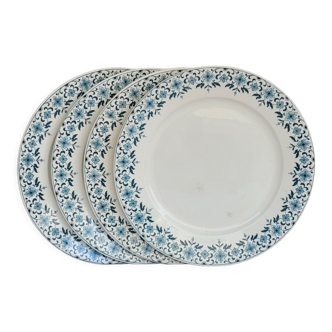 Lot de 4 assiettes plates modèle Lucie u&c Sarreguemines Digoin blanc et liseret fleuri bleu