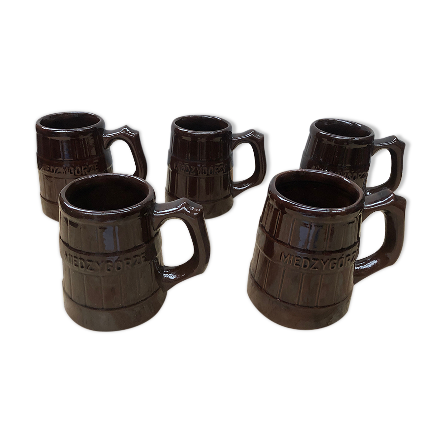 Serie 5 cups mugs miedzygorze ceramic brown vintage