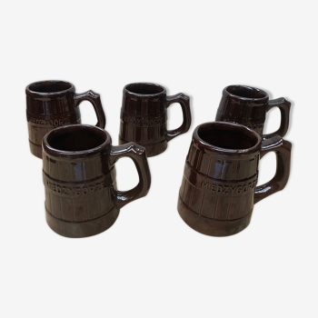 Serie 5 cups mugs miedzygorze ceramic brown vintage