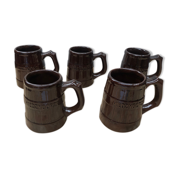 Serie 5 tasses chopes miedzygorze céramique marron vintage