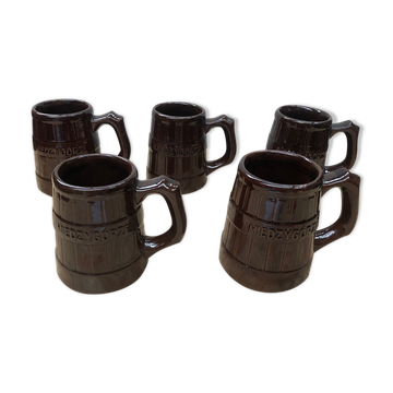 Serie 5 tasses chopes miedzygorze céramique marron vintage