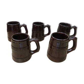 Serie 5 cups mugs miedzygorze ceramic brown vintage