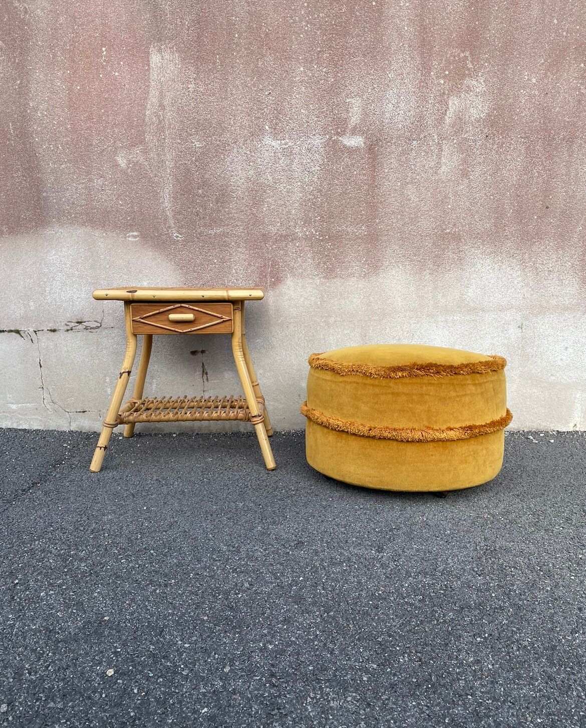 Golden yellow velvet pouf