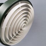 Hanging lamp in green lacquered metal with golden “ring” and bottom grille.